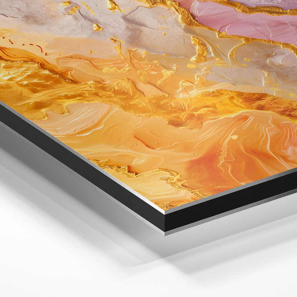 Gros plan de la matière : le tirage contrecollé sur aluminium Dibond mat, tranche visible.