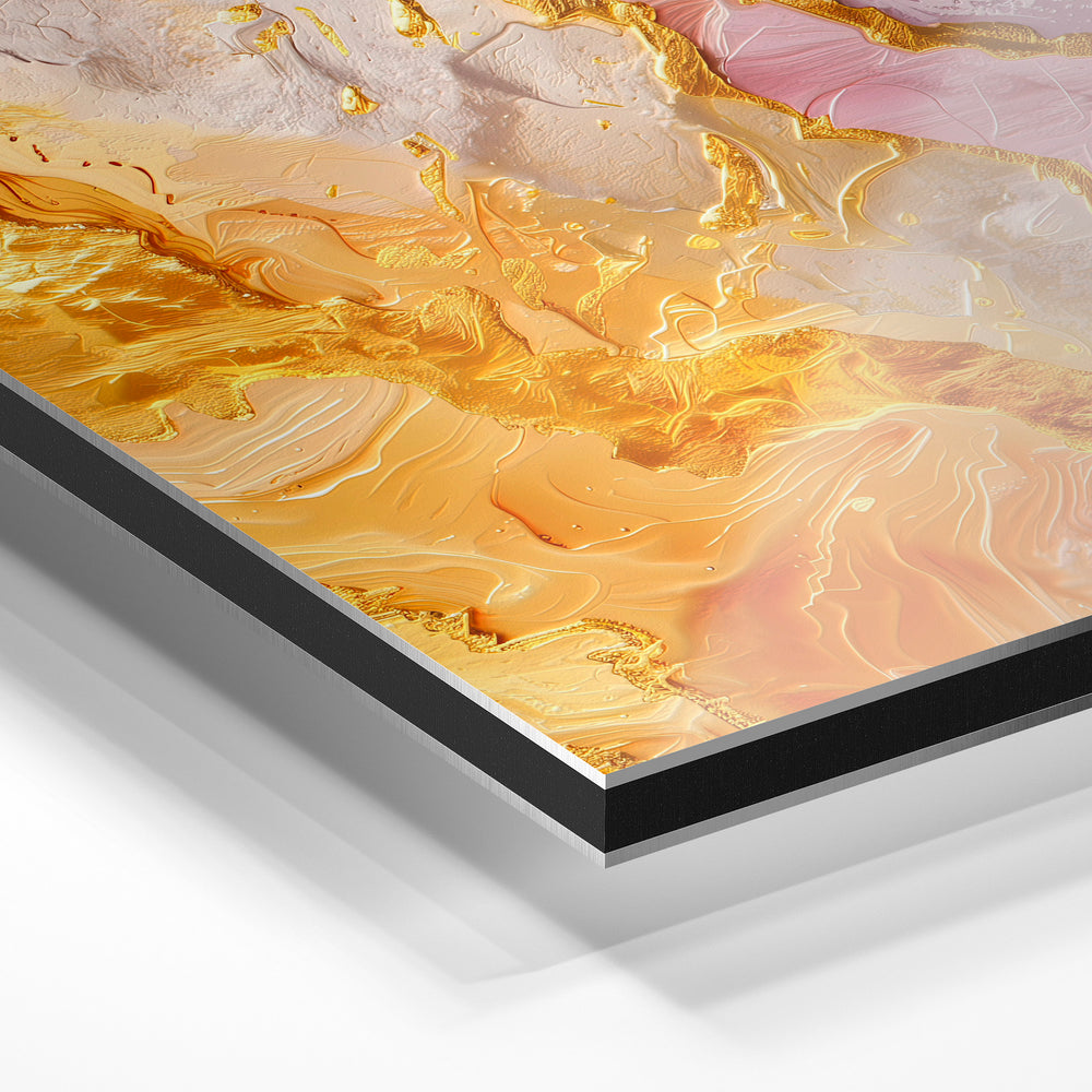 Gros plan du relief : la surépaisseur d'encre en lumière rasante sur aluminium Dibond.