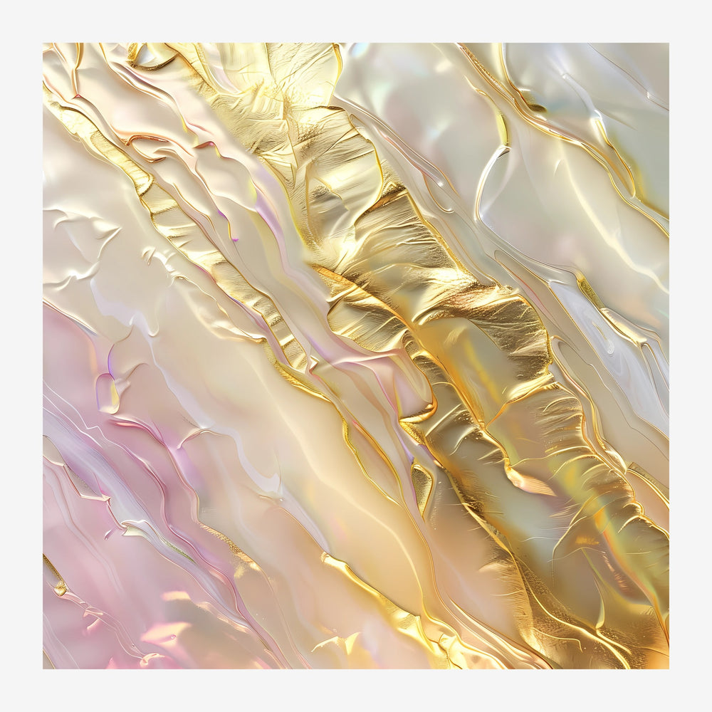 Composition abstraite avec des formes fluides ondulantes en nuances d'or, beige et rose poudré, créant des effets de.