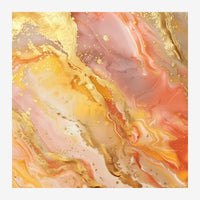 Composition abstraite aux mouvements fluidiques mêlant rose, or et beige, parsemée de paillettes dorées.