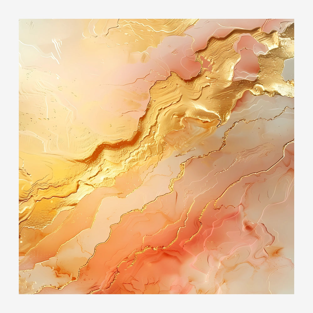 Composition abstraite avec dégradés de beige, ocre et rose, parsemée de traits dorés qui structurent la surface en relief.