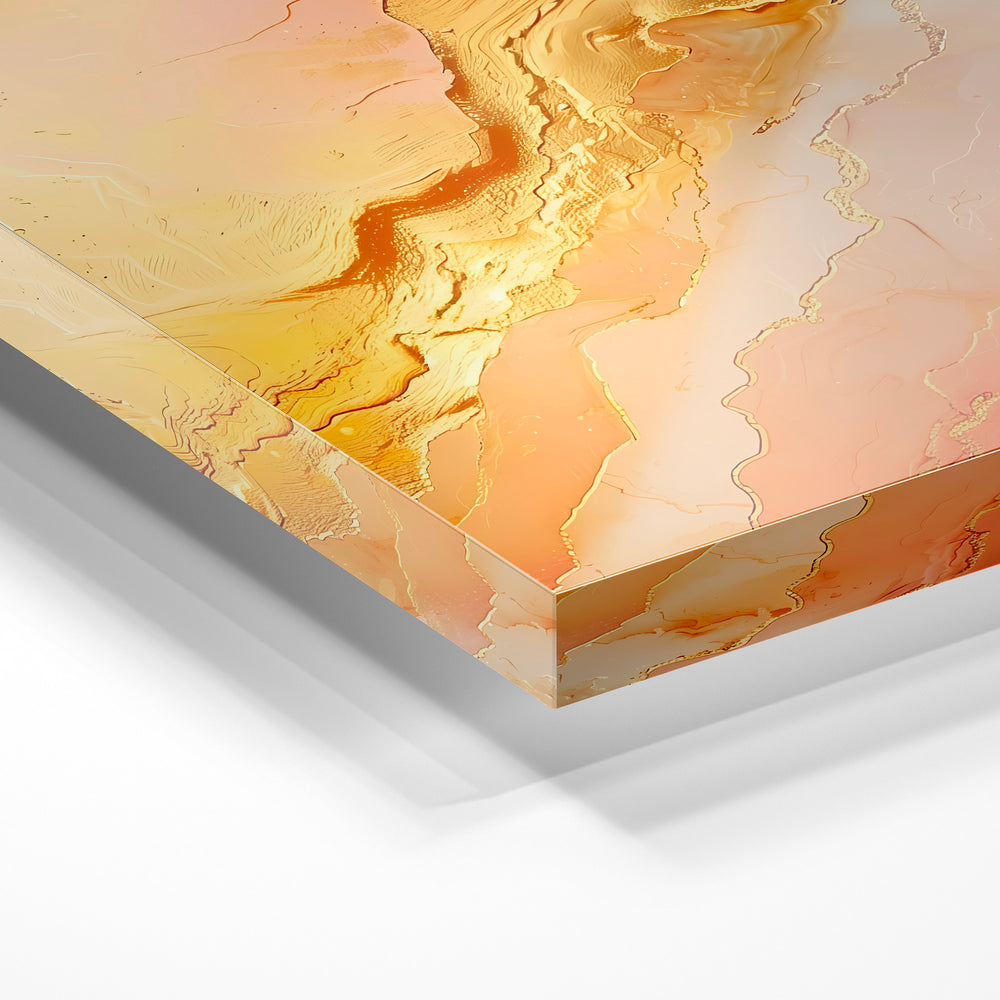 Gros plan de la matière : le tirage sous verre acrylique, tranche transparente visible.