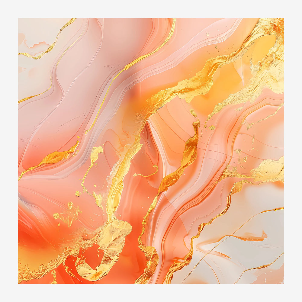 Composition abstraite aux formes ondulées en dégradé de corail, orange, rose clair et or, avec des traits dorés qui.