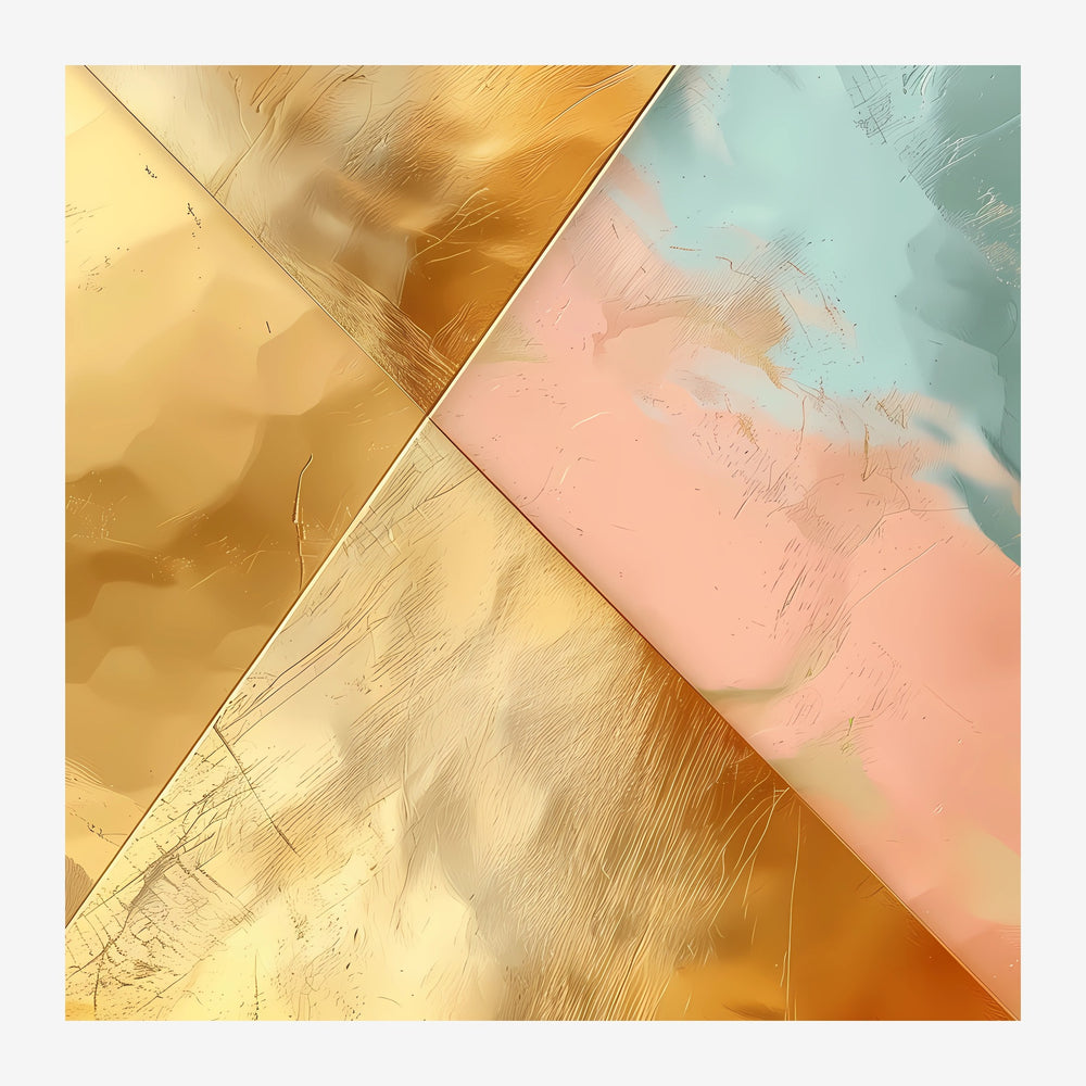 Composition abstraite géométrique avec des formes triangulaires en ocre, rose pâle et bleu-vert, disposées de manière.