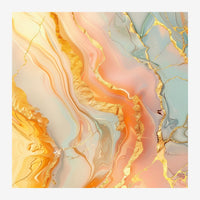 Composition abstraite avec formes ondulantes en beige, rose poudré et jaune, délimitées par des filets dorés.
