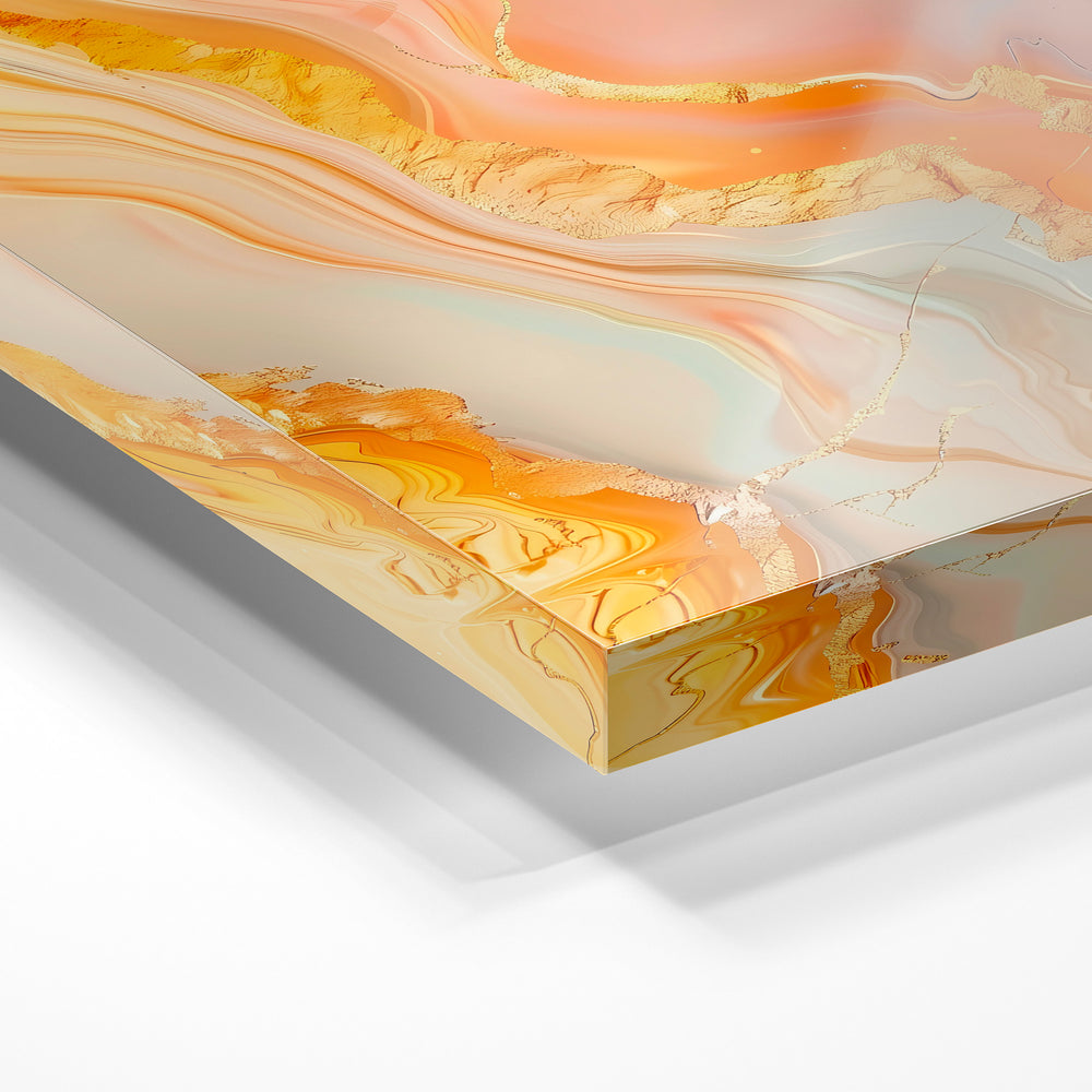 Gros plan de la matière : le tirage sous verre acrylique, tranche transparente visible.