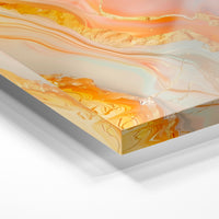 Gros plan de la matière : le tirage sous verre acrylique, tranche transparente visible.