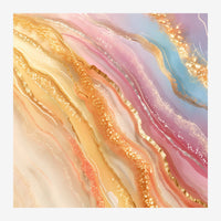 Composition abstraite avec des ondulations fluides en dégradé de beige, rose pâle, bleu ciel et or, agrémentées d'accents.