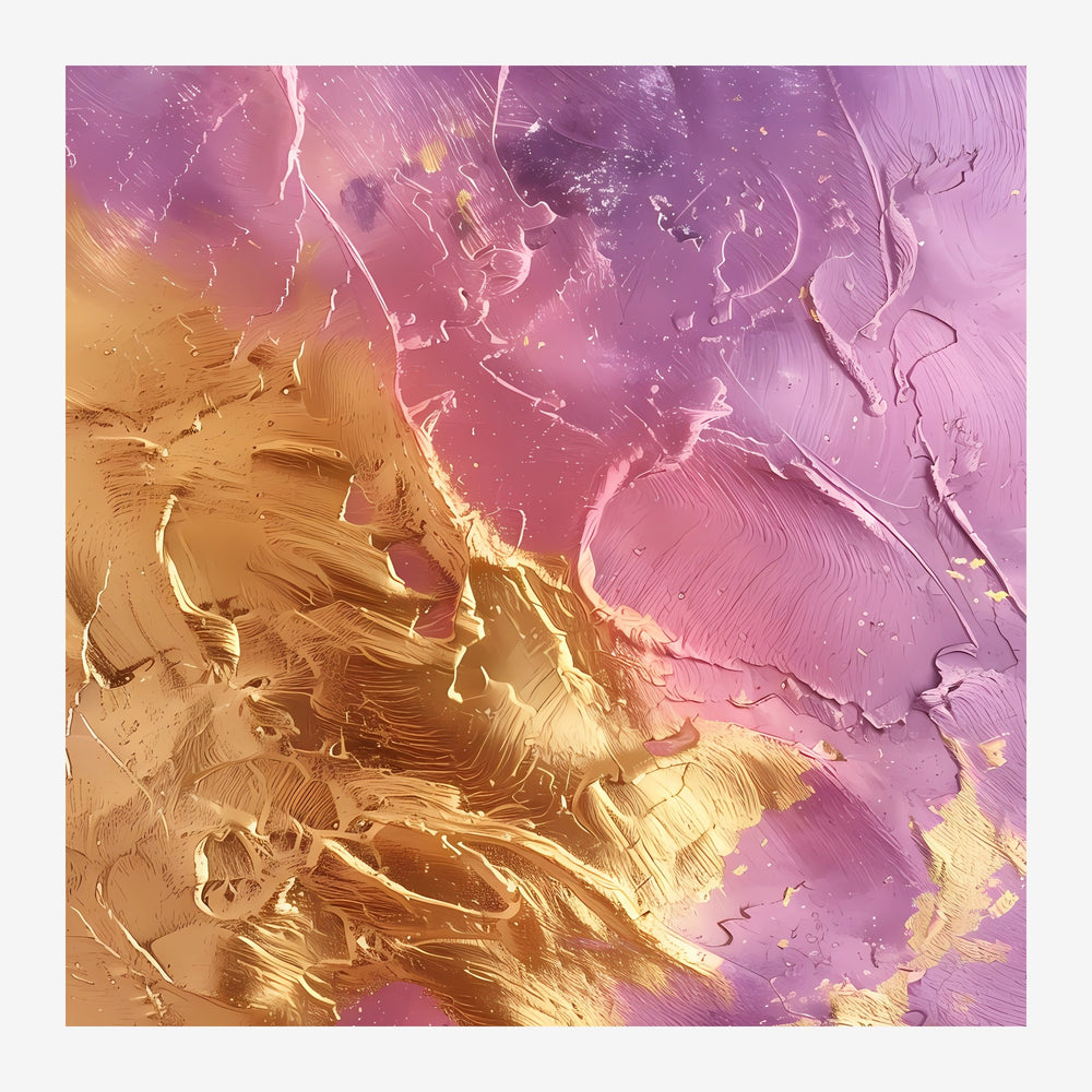 Composition abstraite aux formes organiques fluides, alternant entre nuances de violet, rose et or, avec des motifs texturés.