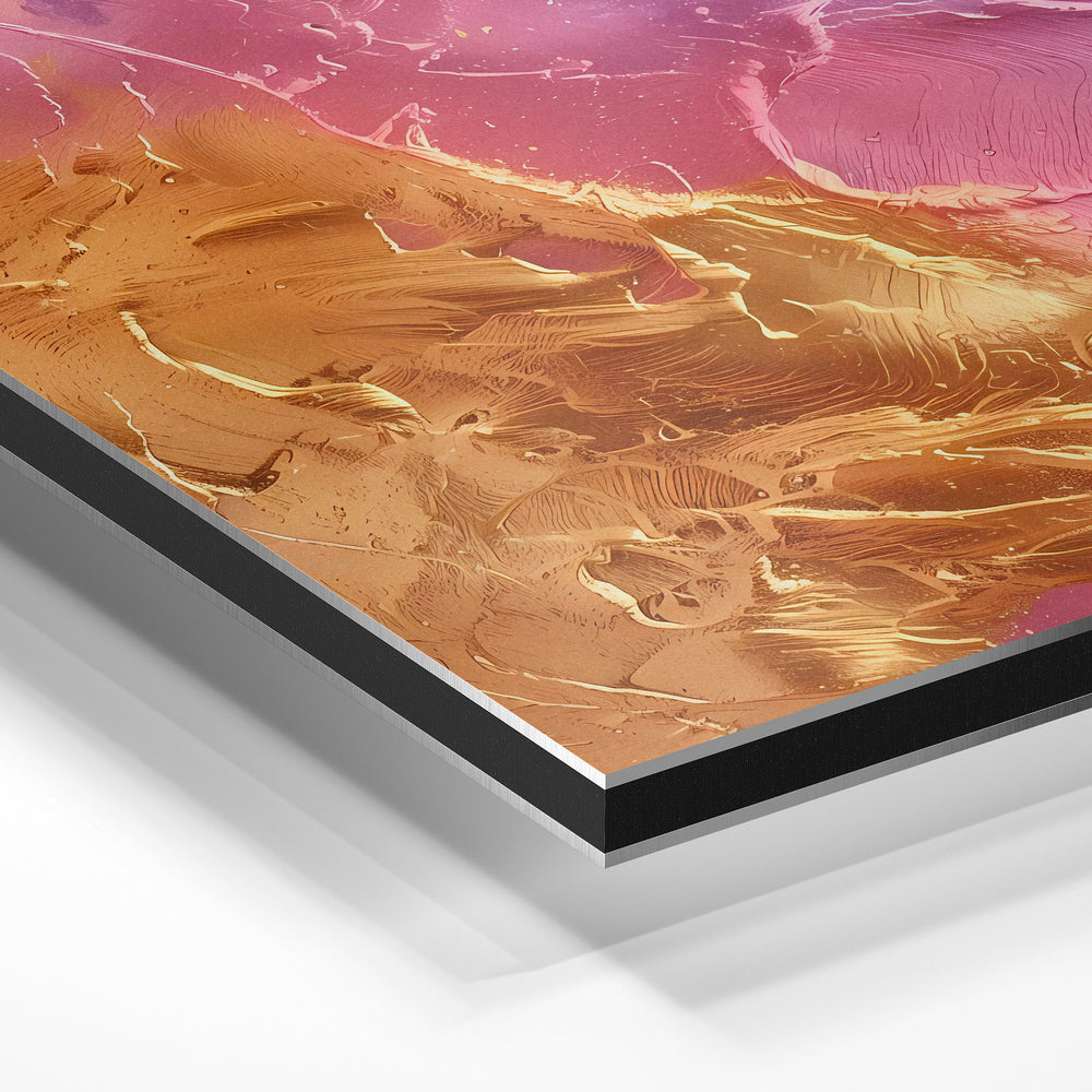 Gros plan de la matière : le tirage contrecollé sur aluminium Dibond mat, tranche visible.