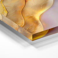 Gros plan de la matière : le tirage sous verre acrylique, tranche transparente visible.