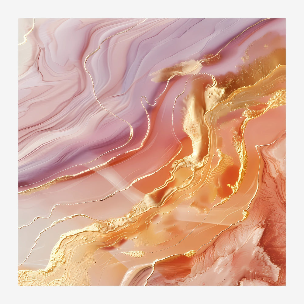 Composition abstraite fluide aux formes ondulantes en rose poudré, terracotta et or, avec des contours dorés délicats.
