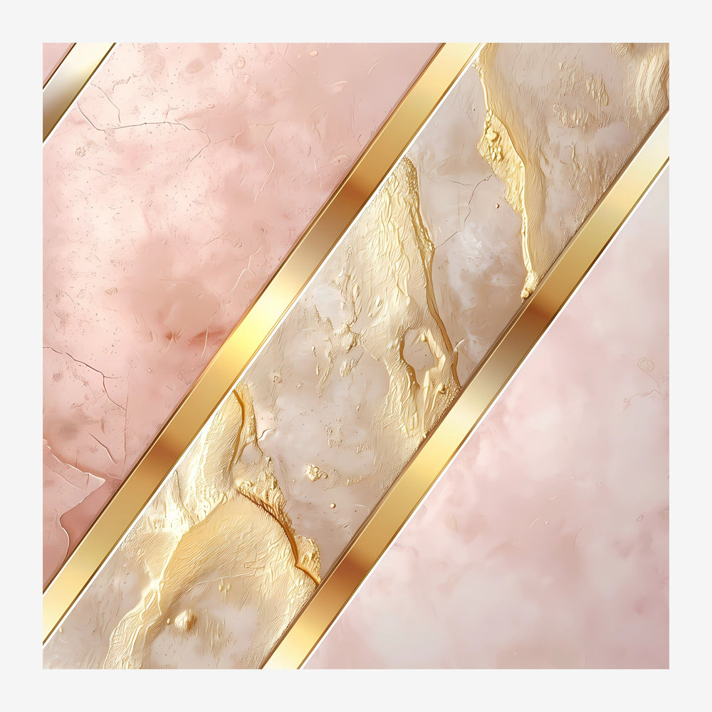 Composition abstraite géométrique avec des bandes diagonales dorées séparant des zones rose poudré et beige crème texturé.