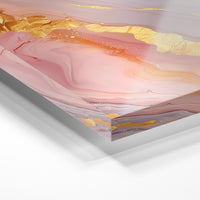 Gros plan de la matière : le tirage sous verre acrylique, tranche transparente visible.