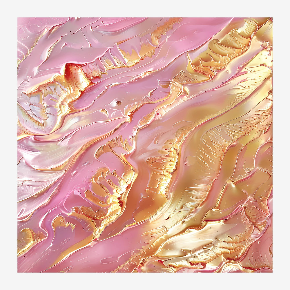Composition abstraite aux formes ondulantes en rose pâle et or brillant, avec des reliefs géométriques créant une illusion.