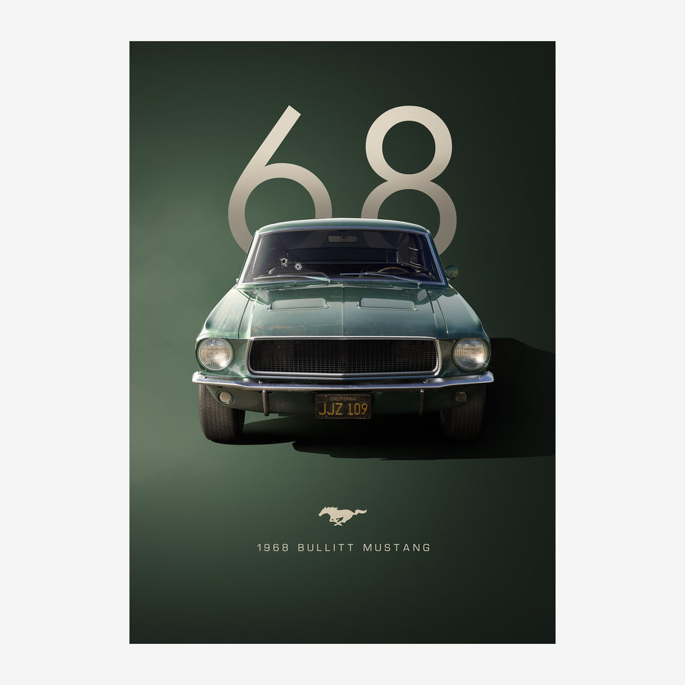 Affiche rétro montrant une automobile classique de face sur fond vert, avec les chiffres 68 en gros caractères argentés en.