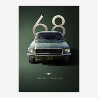 Affiche rétro montrant une automobile classique de face sur fond vert, avec les chiffres 68 en gros caractères argentés en.