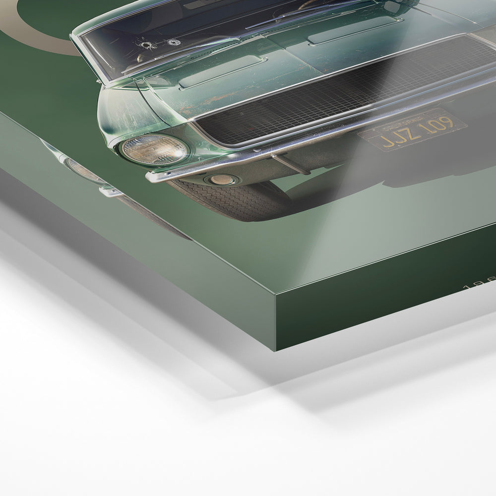 Gros plan de la matière : le tirage sous verre acrylique, tranche transparente visible.