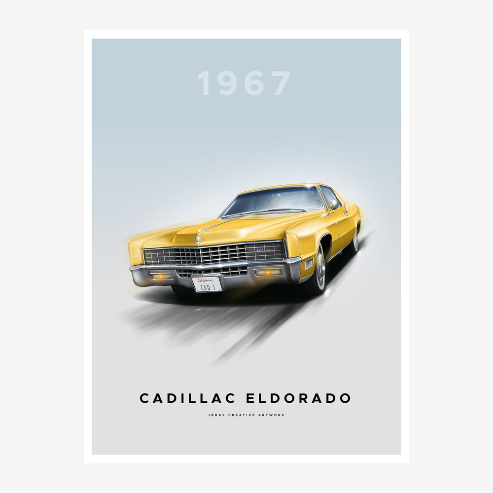Illustration d'une voiture Cadillac jaune vue de trois-quarts, année 1967 inscrite en haut, sur fond gris-bleu clair.