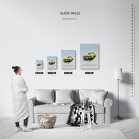 Guide des tailles : le tirage présenté dans ses 4 formats de vente, à l'échelle réelle sur un mur de salon, avec une règle en centimètres.
