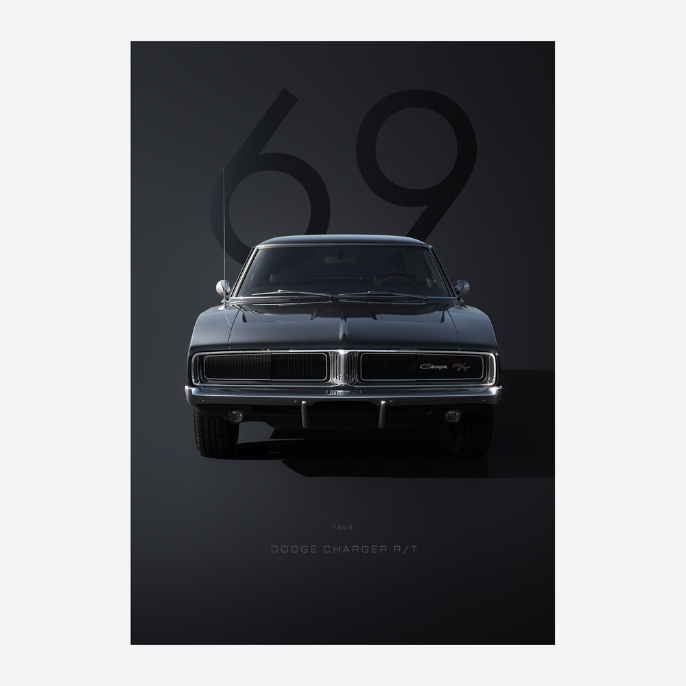 Affiche représentant une Dodge Charger R/T grise de 1969 vue de face sur fond noir avec le numéro 69 en grand, style.