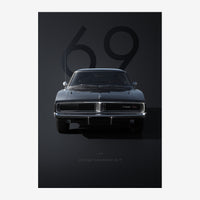 Affiche représentant une Dodge Charger R/T grise de 1969 vue de face sur fond noir avec le numéro 69 en grand, style.