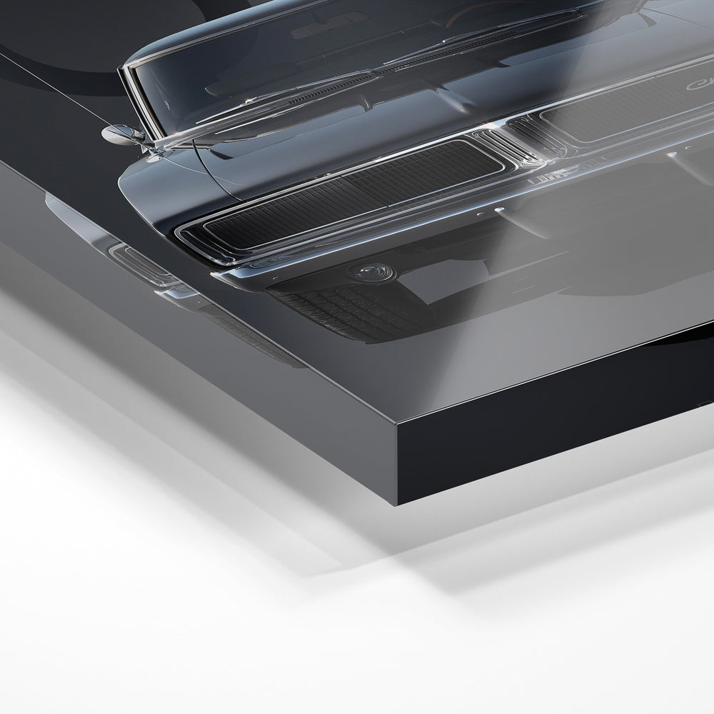 Gros plan de la matière : le tirage sous verre acrylique, tranche transparente visible.