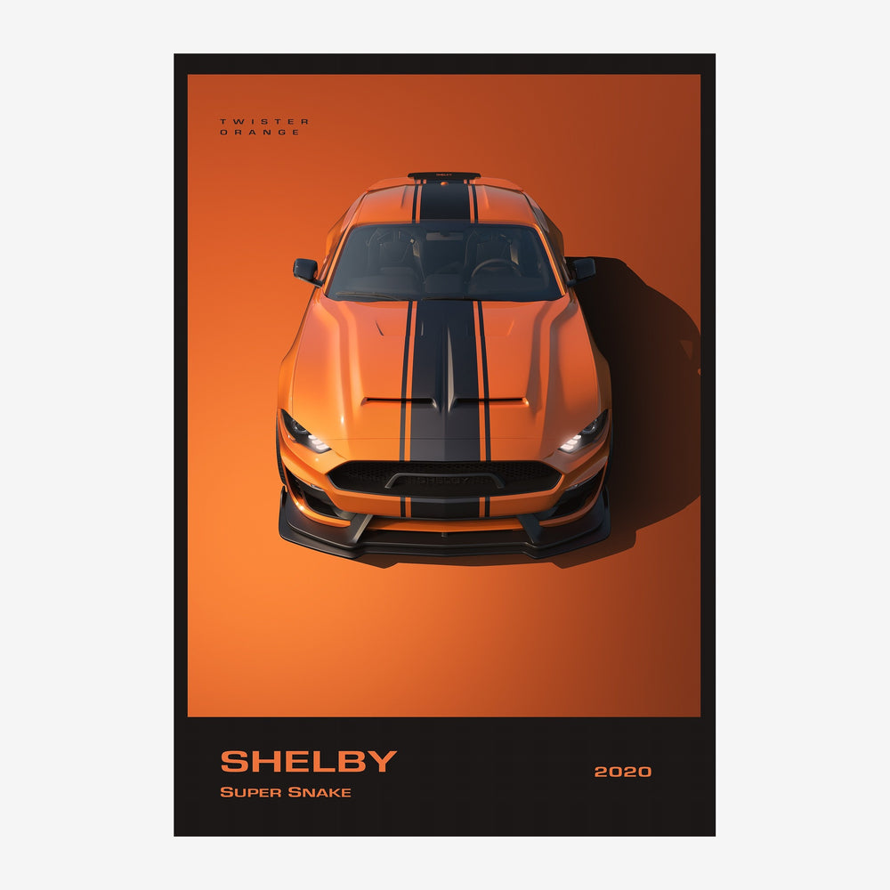 Affiche vintage montrant une voiture de sport orange avec des bandes noires, photographiée de face sur fond orange intense.