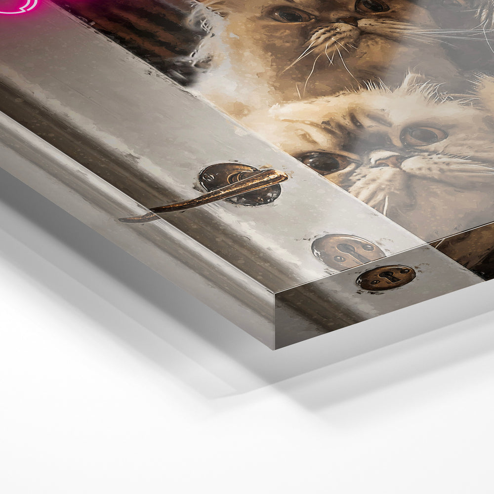 Gros plan de la matière : le tirage sous verre acrylique, tranche transparente visible.