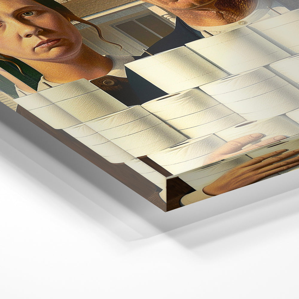 Gros plan de la matière : le tirage sous verre acrylique, tranche transparente visible.