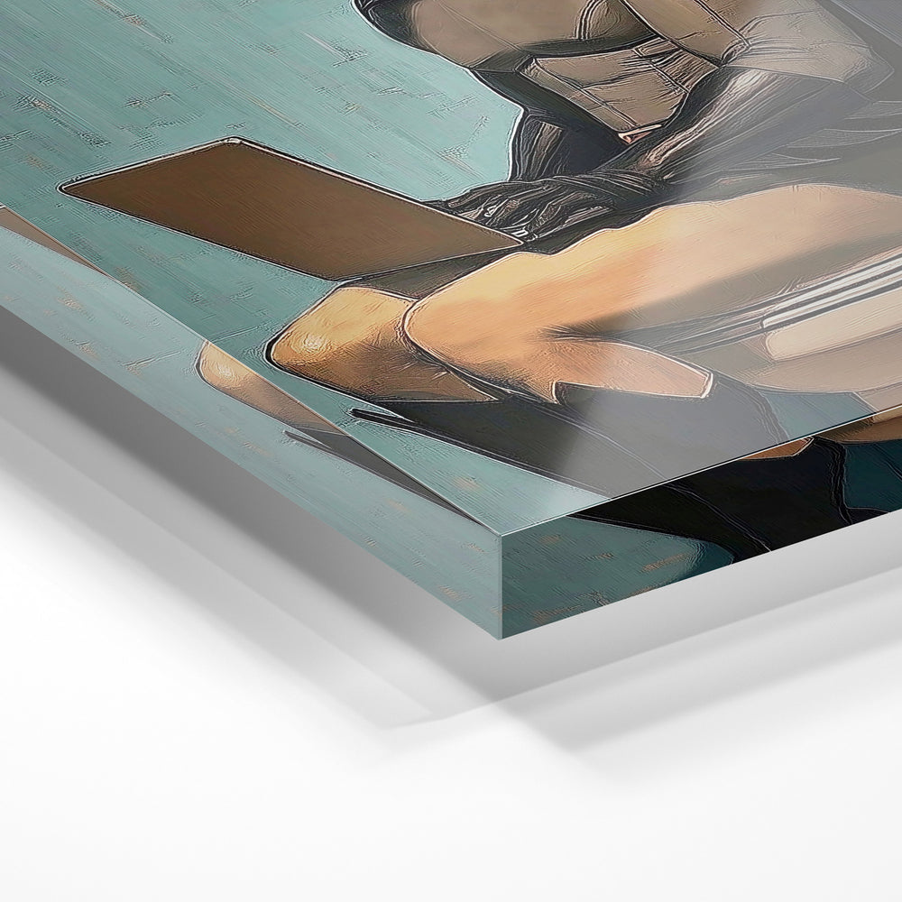 Gros plan de la matière : le tirage sous verre acrylique, tranche transparente visible.