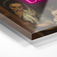 Gros plan de la matière : le tirage sous verre acrylique, tranche transparente visible.