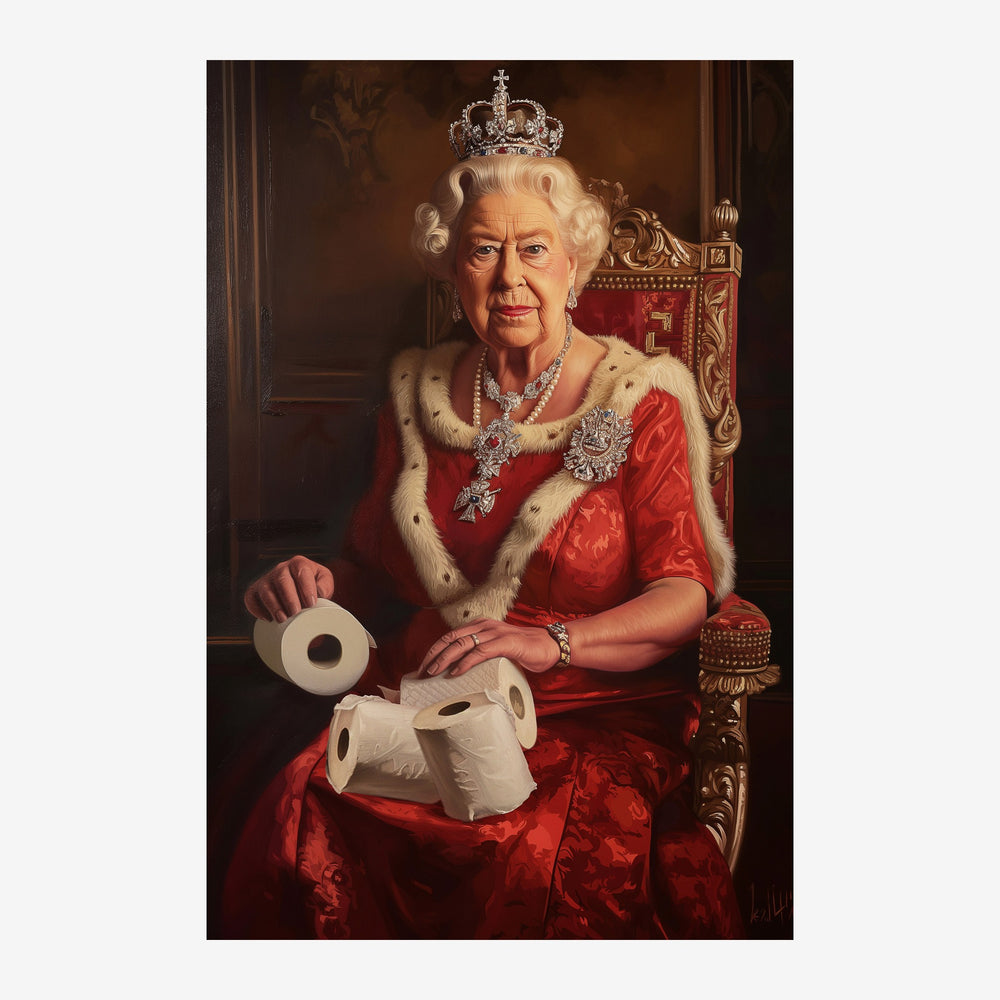 Portrait d'une figure thrônée portant une robe rouge, fourrure blanche et couronne dorée, tenant des rouleaux de papier.