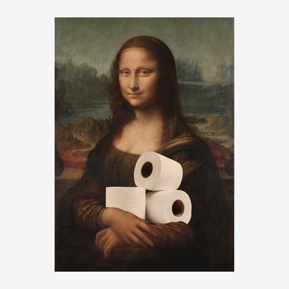 Portrait classique d'une femme aux cheveux longs vêtue d'une robe Renaissance, tenant des rouleaux de papier toilette blanc.