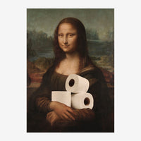 Portrait classique d'une femme aux cheveux longs vêtue d'une robe Renaissance, tenant des rouleaux de papier toilette blanc.