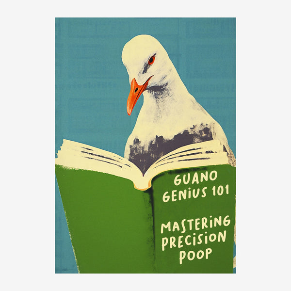 Un goéland blanc aux yeux noirs et au bec orange lit un livre vert intitulé « Guano Genius 101 – Mastering Precision Poop ».