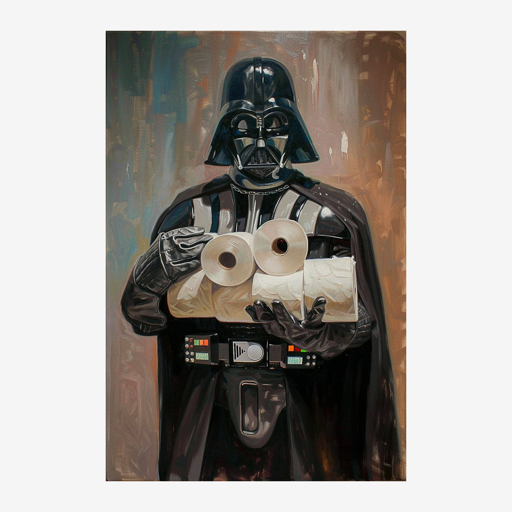 Personnage en armure noire et cape tenant des rouleaux de papier toilette, sur un fond aux teintes ocre et bleu, style.
