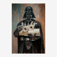 Personnage en armure noire et cape tenant des rouleaux de papier toilette, sur un fond aux teintes ocre et bleu, style.