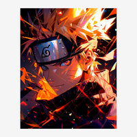 Portrait stylisé d'un personnage aux traits géométriques avec des flammes et débris colorés en orange et jaune explosant.