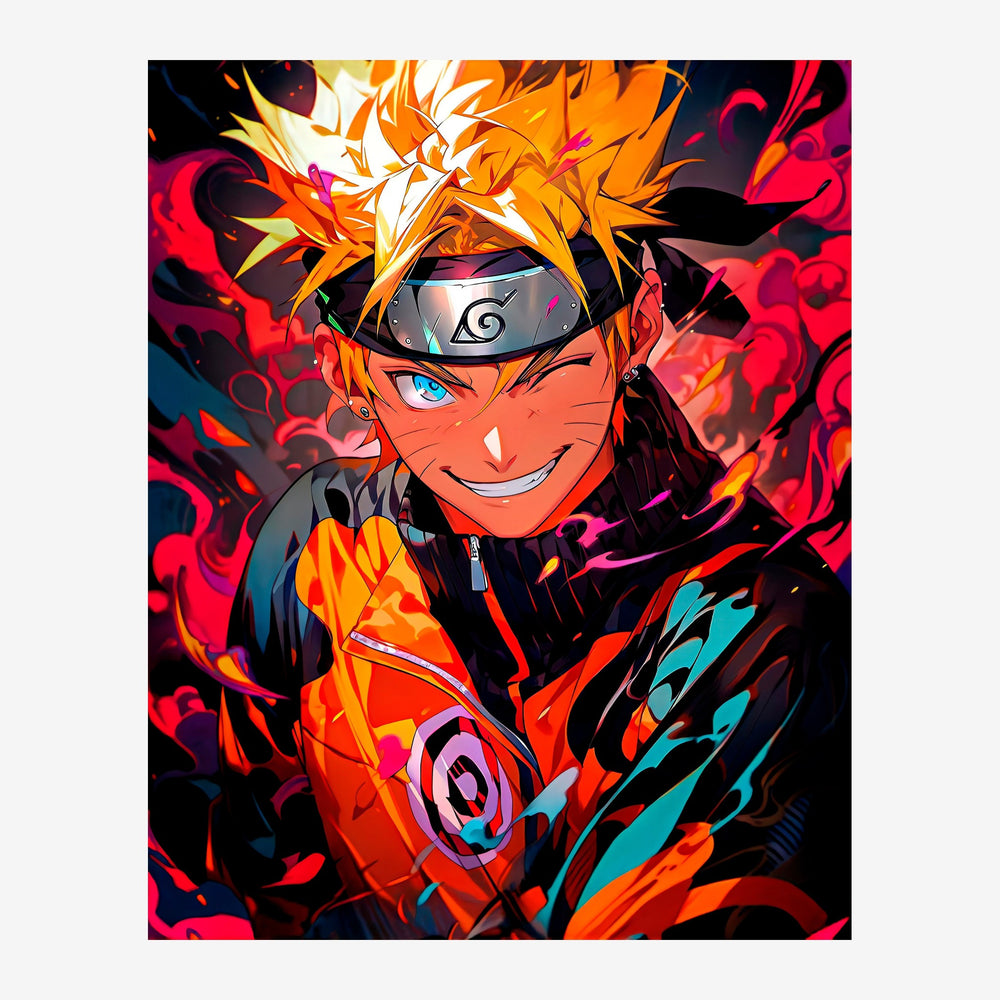 Portrait pop-art d'un personnage souriant au headband blanc, aux cheveux blond-orange flamboyants, entouré de flammes.