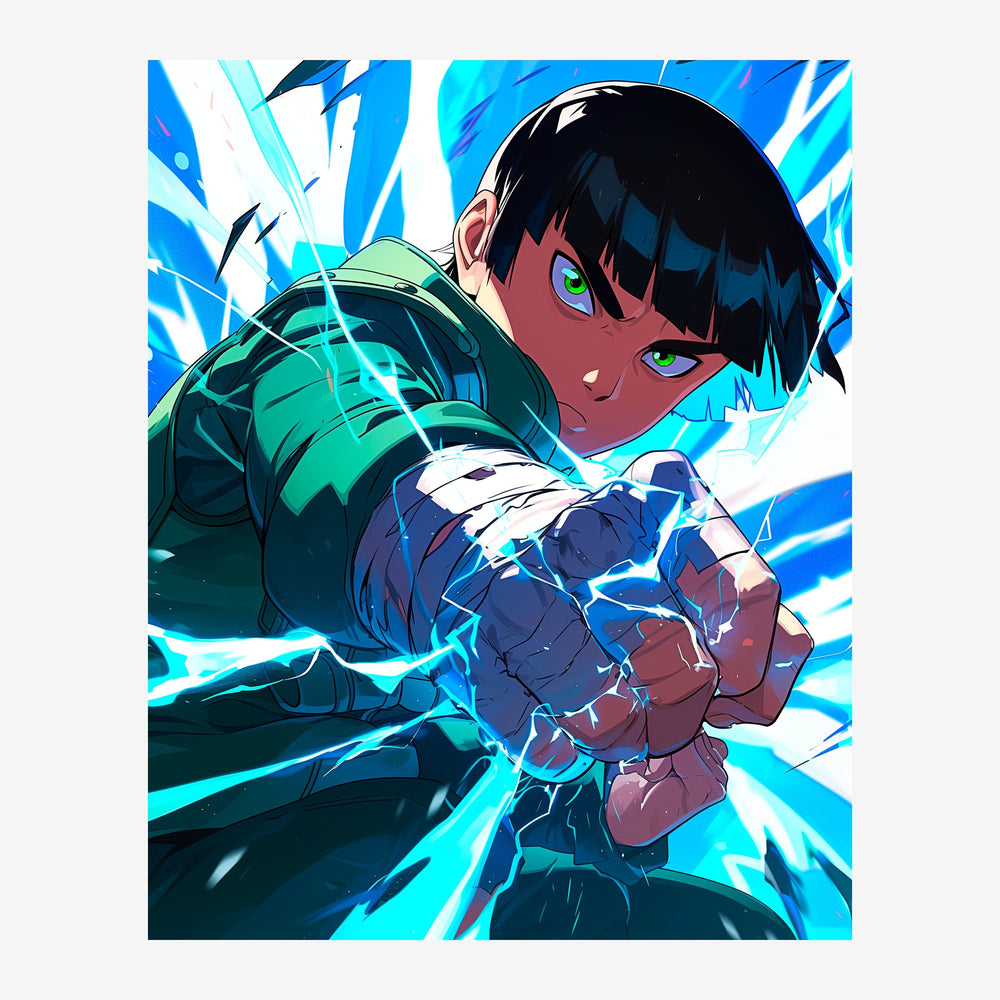 Portrait d'un jeune combattant aux cheveux noirs, enveloppé d'éclairs bleu cyan et blanc, poings levés dans une posture.