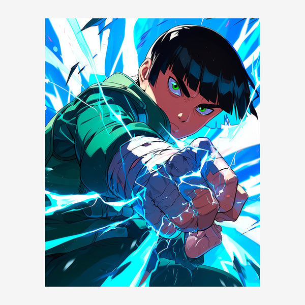 Portrait d'un jeune combattant aux cheveux noirs, enveloppé d'éclairs bleu cyan et blanc, poings levés dans une posture.