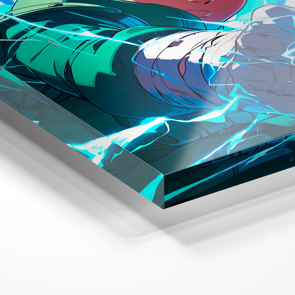 Gros plan de la matière : le tirage sous verre acrylique, tranche transparente visible.