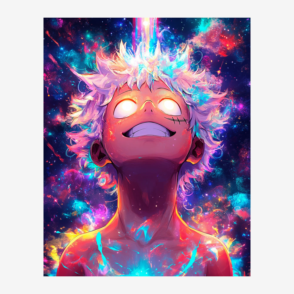 Portrait stylisé avec yeux fermés, cheveux flottants en dégradé de rose et cyan, entouré d'effets de lumière colorée et de.