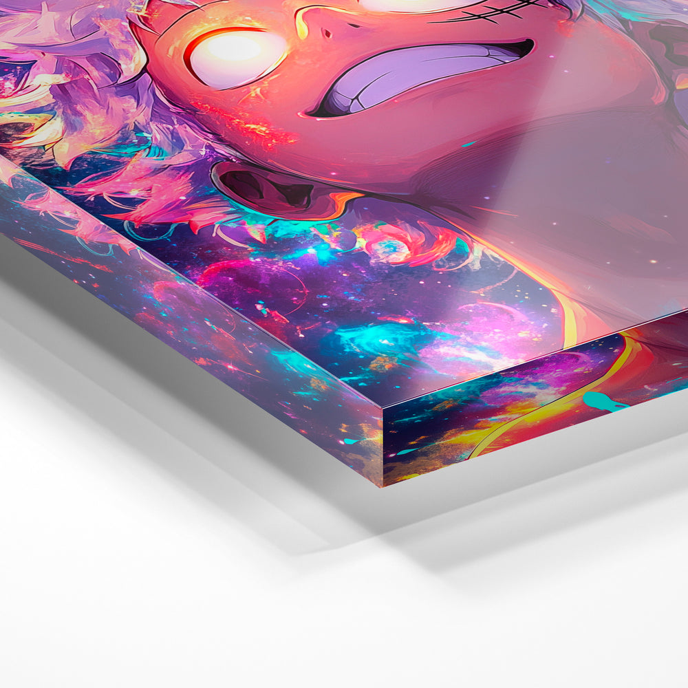 Gros plan de la matière : le tirage sous verre acrylique, tranche transparente visible.