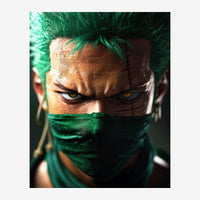 Portrait d'un ninja au masque vert foncé, cheveux verts ébouriffés et yeux jaune or regardant intensément vers l'avant.