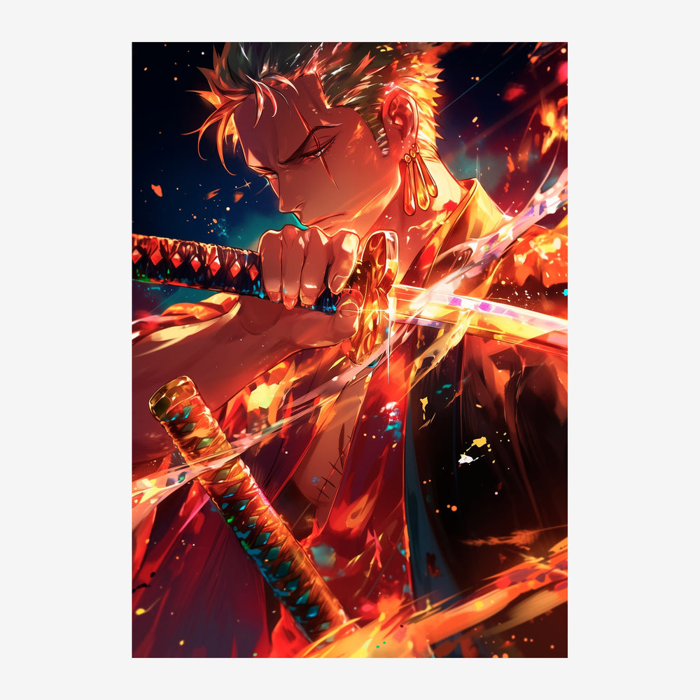 Un personnage anime aux cheveux rouges flamboyants, tenant une épée enveloppée de flammes orange et jaunes, au milieu d'une.