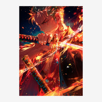 Un personnage anime aux cheveux rouges flamboyants, tenant une épée enveloppée de flammes orange et jaunes, au milieu d'une.