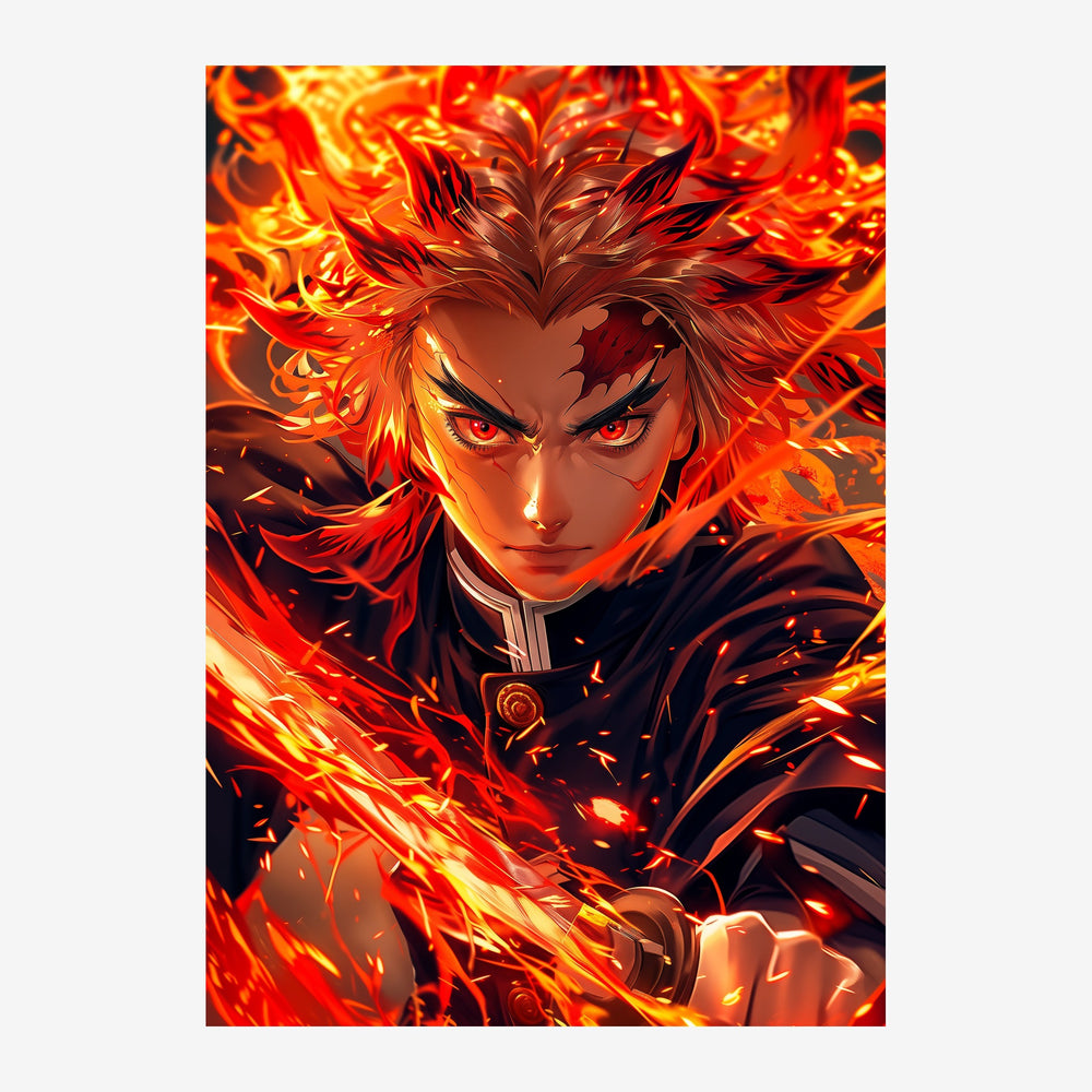 Portrait d'un personnage au visage déterminé entouré de flammes oranges et rouges intenses, aux cheveux stylisés en pointes.
