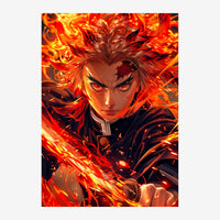 Portrait d'un personnage au visage déterminé entouré de flammes oranges et rouges intenses, aux cheveux stylisés en pointes.